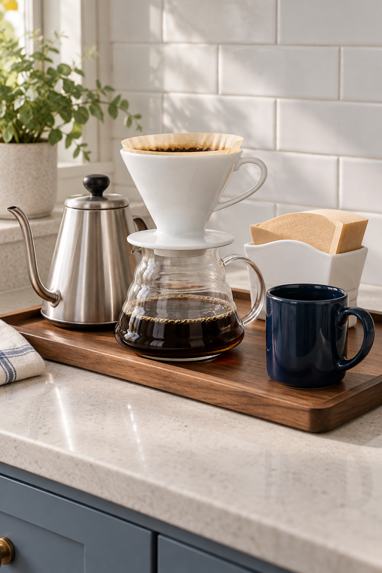Small kitchen counter coffee station with a white pour-over dripper, glass server and ceramic filter holder on a wooden tray
