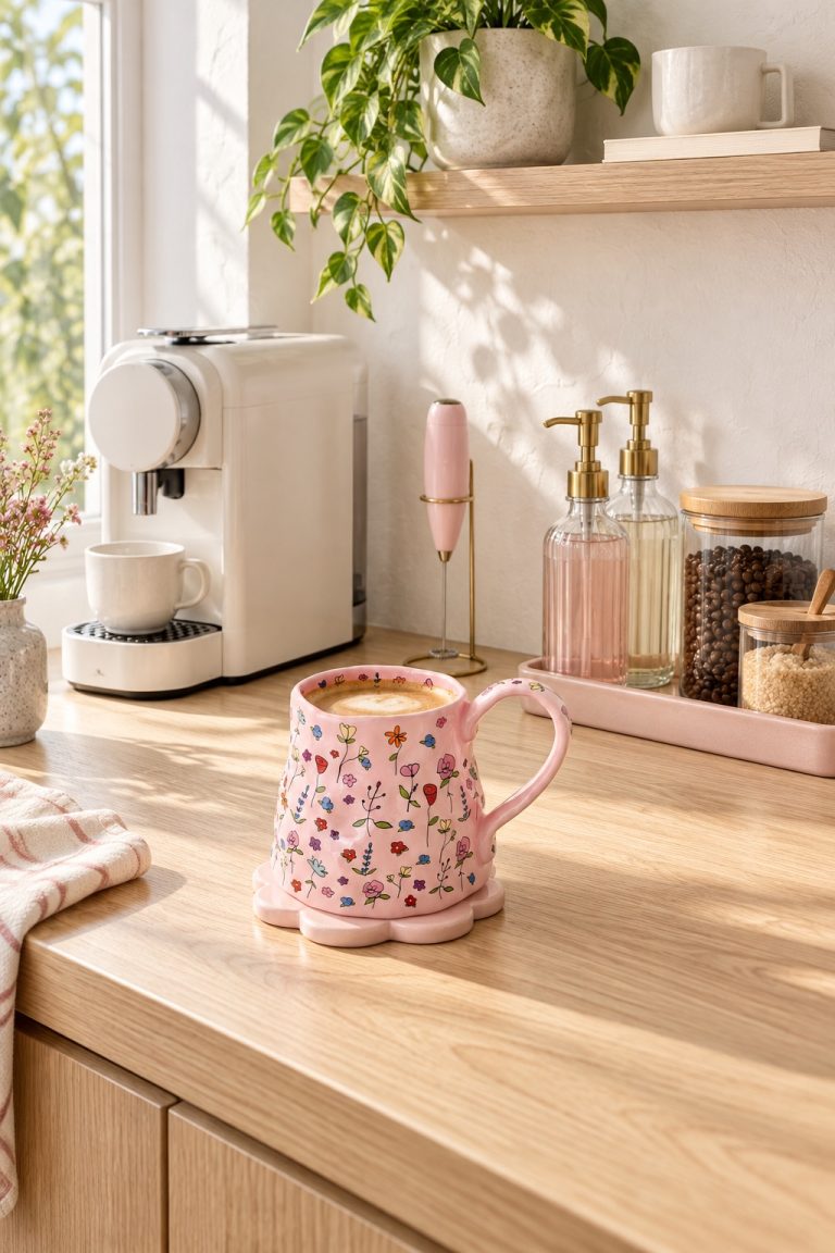 Cute coffee bar with a pink floral mug, glass jars and blush accessories on a light wood counter